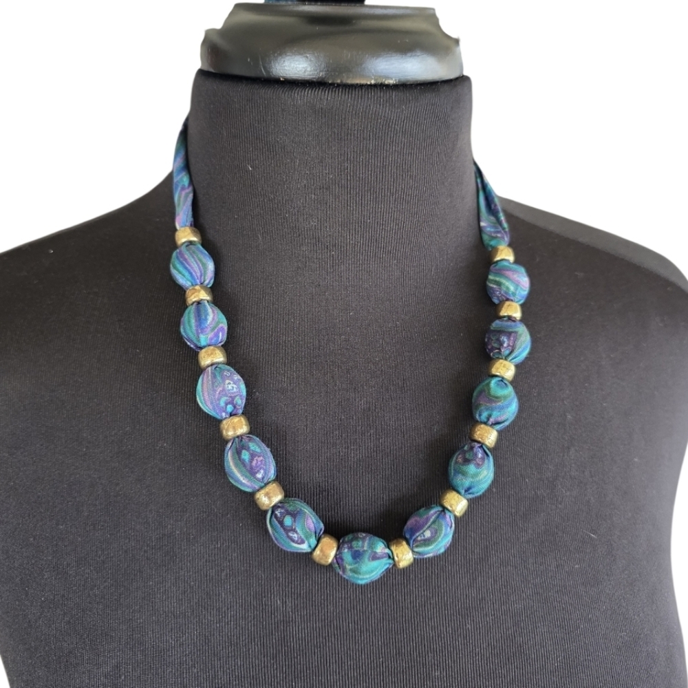 Artisan Blue & Gold Beaded Necklace Turquoise Fabric Boho Chic Bohemian Jewelry